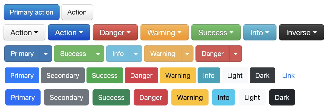 Schaltflächen, wie sie in Bootstrap von Version 1 bis 5 entworfen wurden.