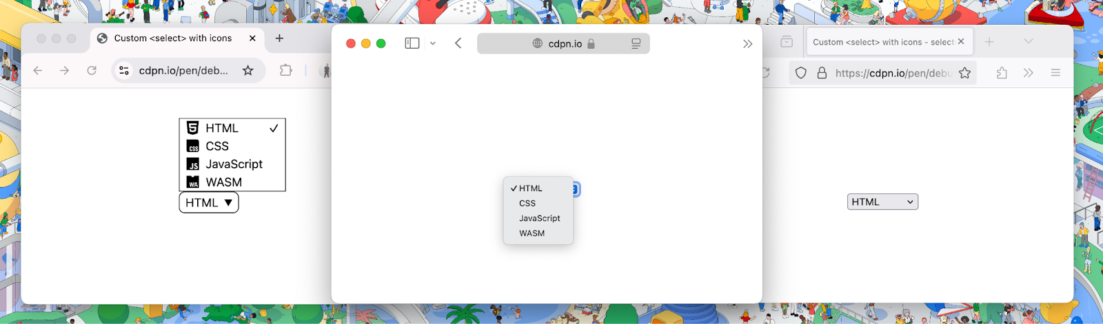 Chrome, Safari y Firefox muestran la renderización de un elemento select con SVG en su interior. Chrome muestra las imágenes, mientras que Safari y Firefox las renderizan como si no hubiera imágenes.