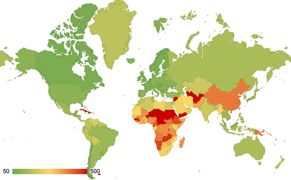 Sahra altı Afrika, Orta Doğu ve Orta Asya&#39;nın bazı bölgeleri ile Çin hariç çoğu ülkenin yeşilin çeşitli tonlarında, Çin&#39;in ise sarı, turuncu ve kırmızı tonlarında gösterildiği ülkeye göre RTT görselleştirmesi.