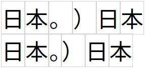 Quando os caracteres de pontuação aparecem em uma linha, a metade direita do ponto CJK deve ser removida.