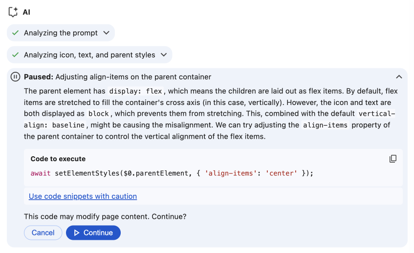 Collapsed and a paused thinking steps in Chrome DevTools AI assistance.