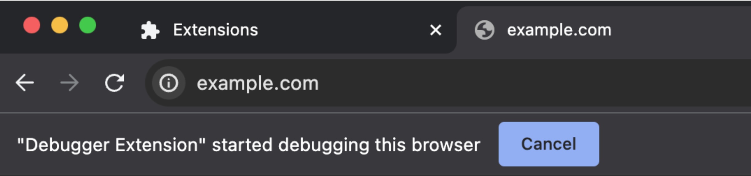 Captura de pantalla de la barra de direcciones en Chrome que tiene el mensaje &quot;Debugger Extension started debugging this browser&quot; (La extensión de Debugger comenzó a depurar este navegador).