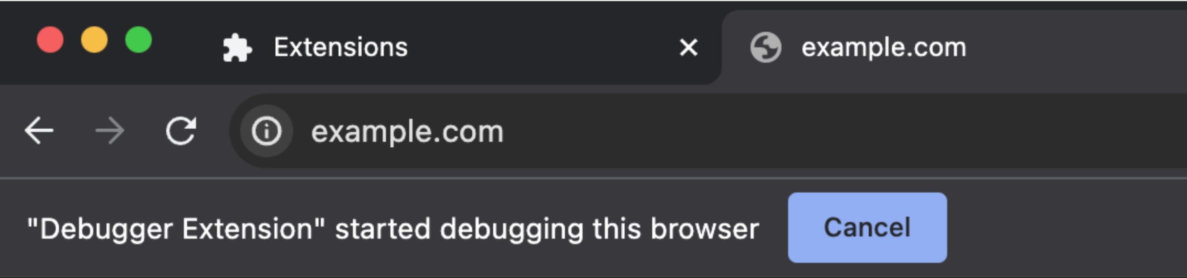 لقطة شاشة لشريط العناوين في Chrome يعرض الرسالة "بدأت إضافة تصحيح الأخطاء في تصحيح أخطاء هذا المتصفّح"