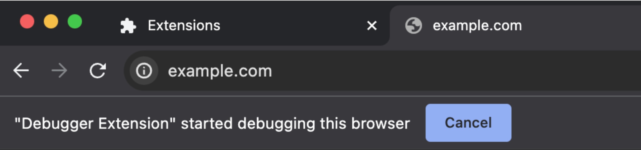 لقطة شاشة لشريط العناوين في Chrome تظهر الرسالة &quot;بدأت إضافة برنامج تصحيح الأخطاء تصحيح أخطاء هذا المتصفح&quot;