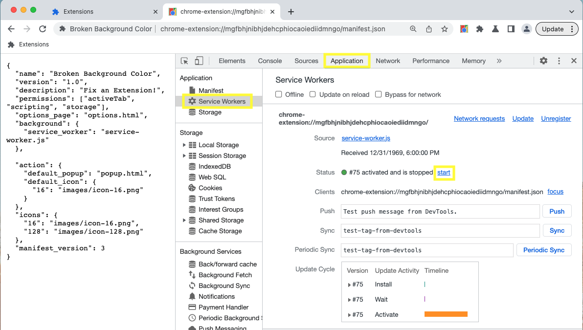 [Application] パネルの Service Worker のステータス