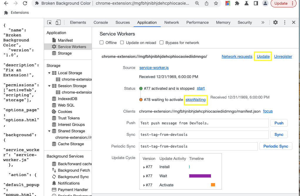 Status do service worker no painel &quot;Aplicativo&quot;