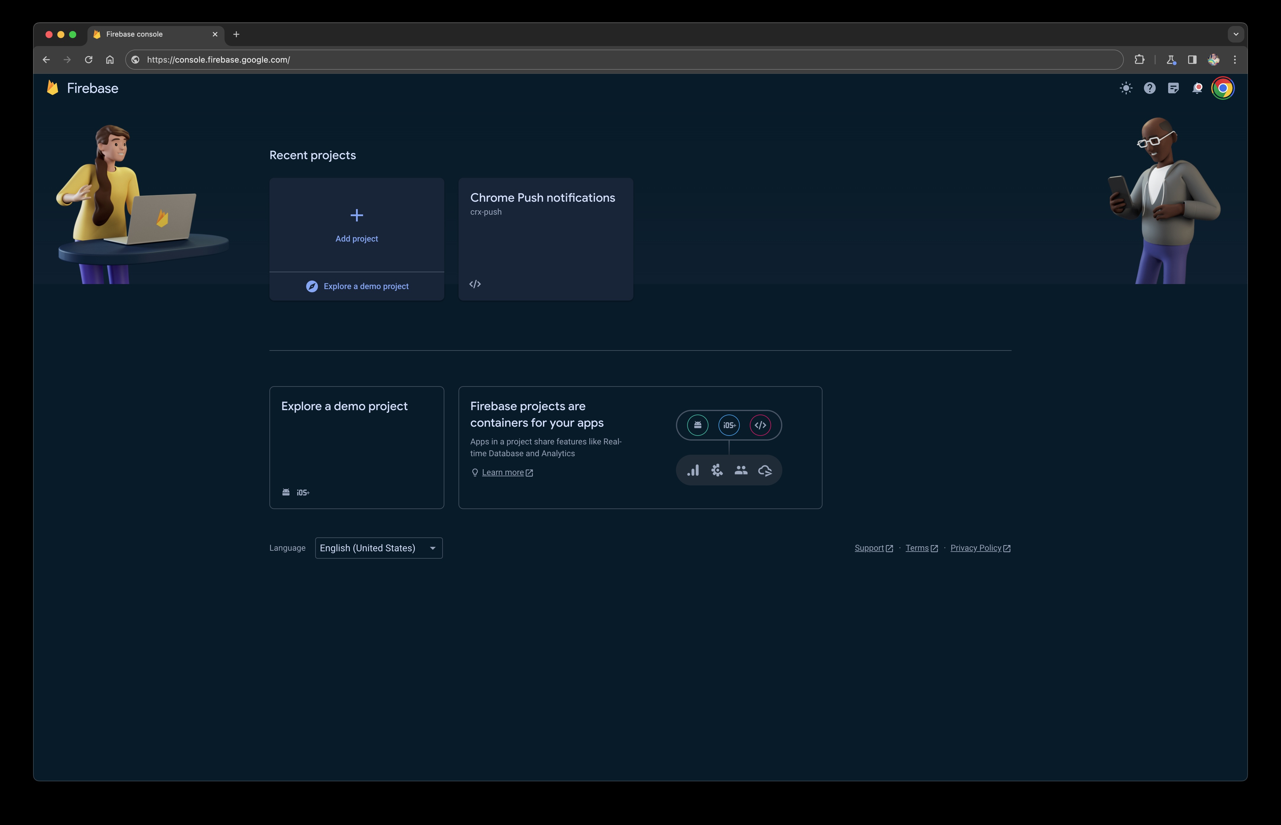 Schermafbeelding van de projectvermeldingen in de Firebase-console.