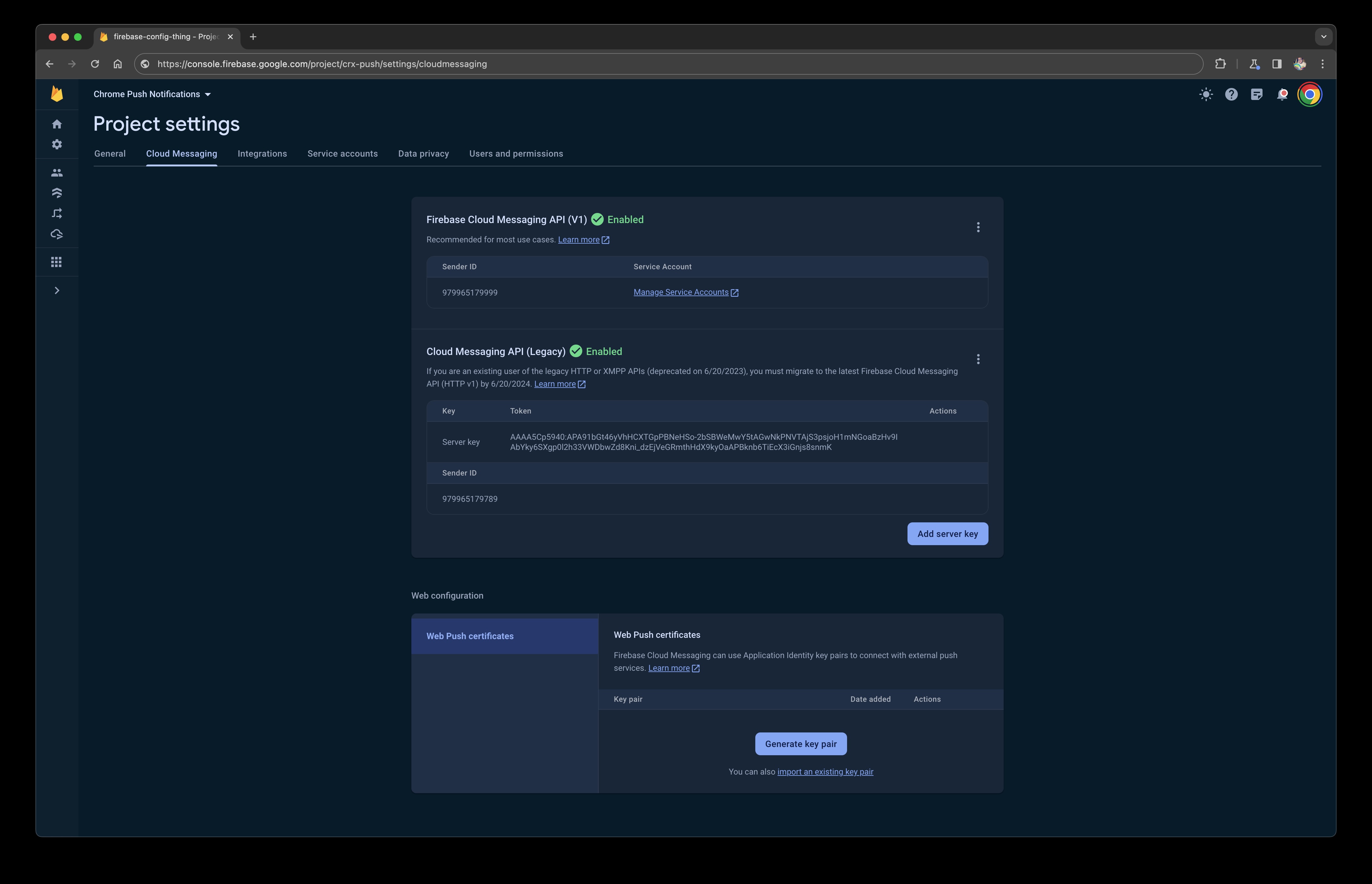 Firebase क्लाउड से मैसेज की सेटिंग के पेज का स्क्रीनशॉट.