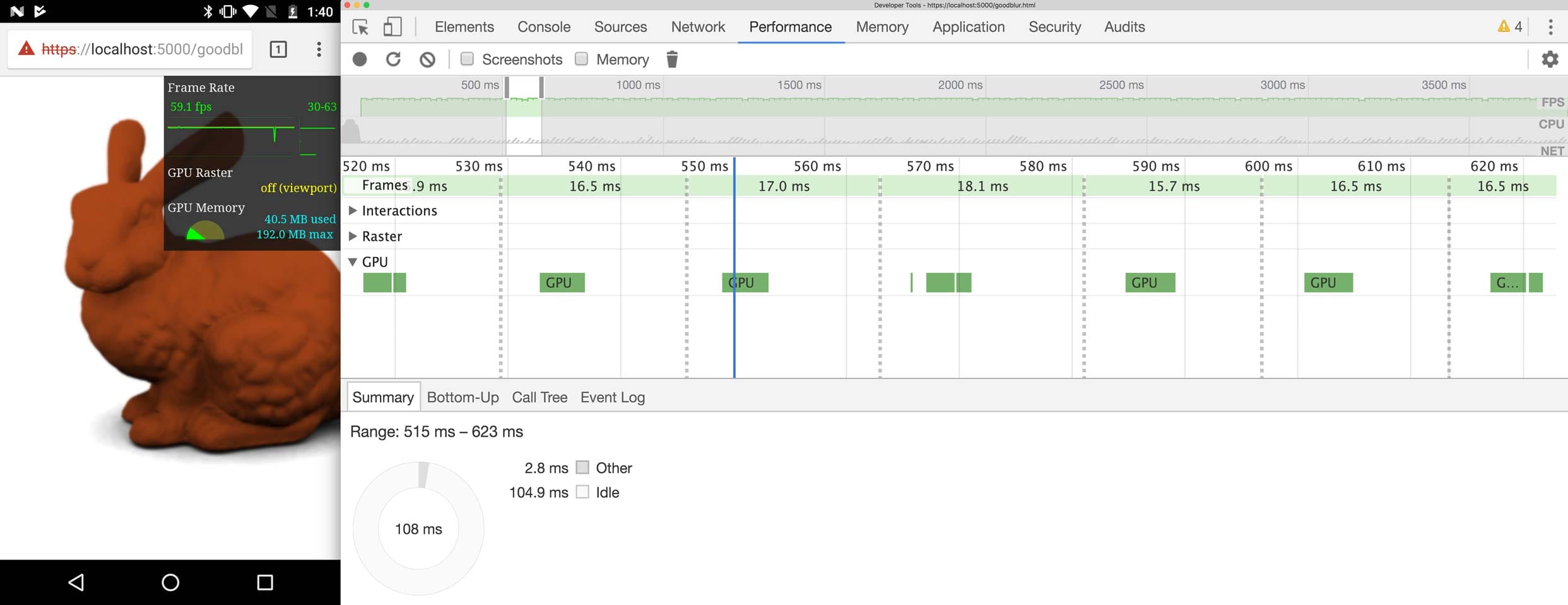 DevTools
  تعرض تتبعًا يُظهر أنّ وحدة معالجة الرسومات لديها الكثير من وقت التوقف.