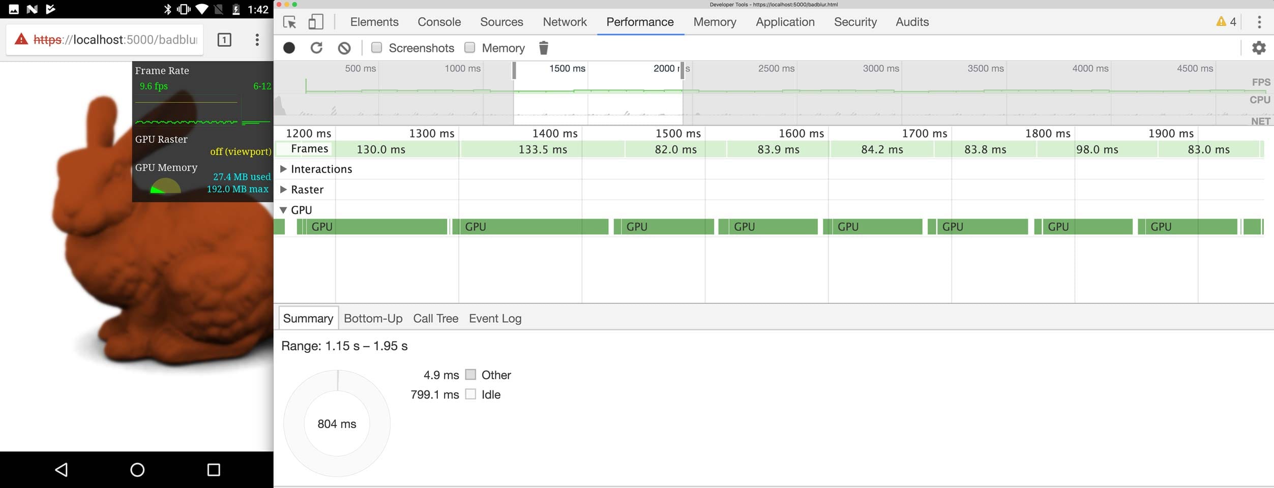 DevTools muestra un registro en el que la GPU tiene períodos prolongados de tiempo ocupado.