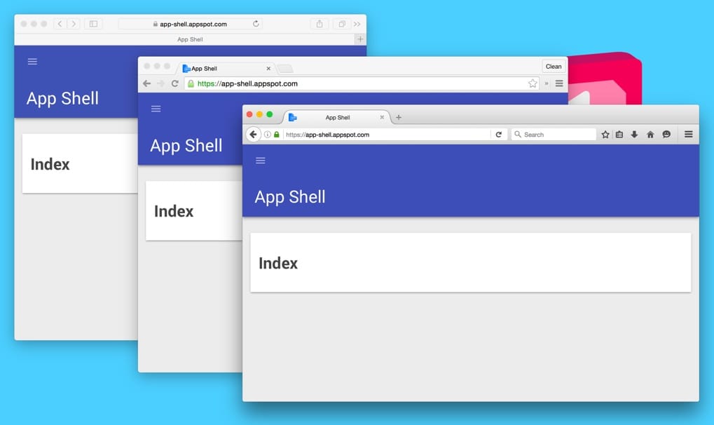 在 Safari、Chrome 和 Firefox 中加载的应用 Shell 的图片