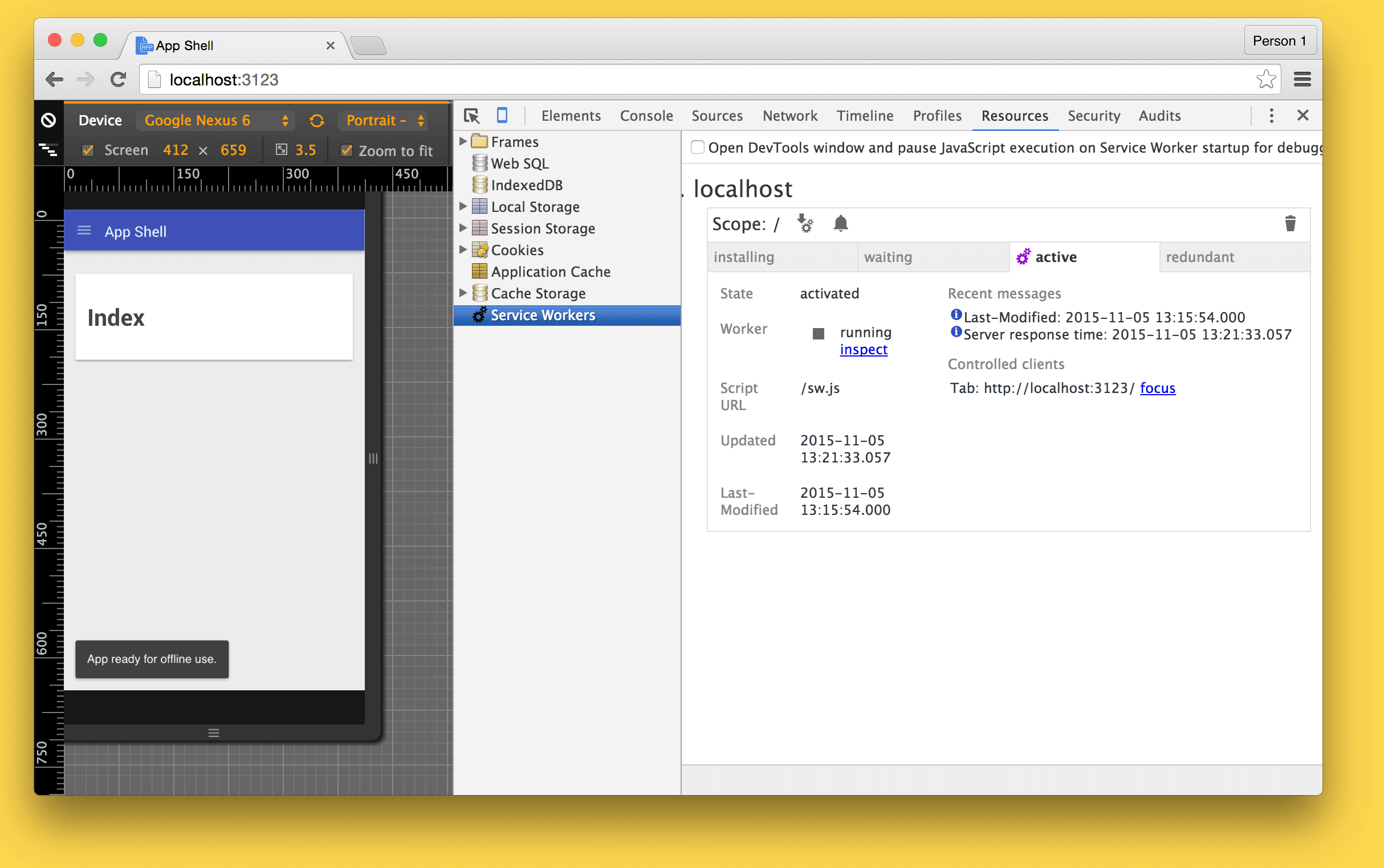 애플리케이션 셸의 DevTools에서 실행 중인 서비스 워커 이미지