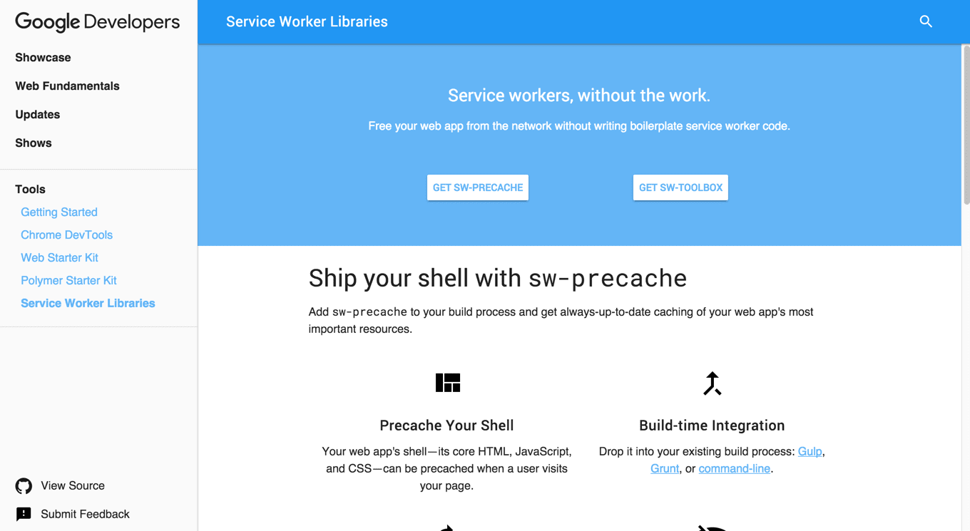 Screenshot der Service Worker Library Site on Web Fundamentals