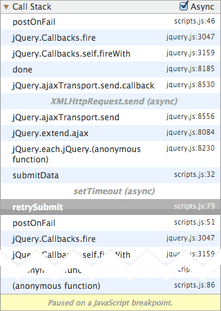 Kolejny punkt przerwania w przykładowym kodzie Gmaila z asynchronicznymi stosami wywołań