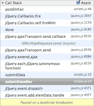 Punto de interrupción establecido en un ejemplo simulado de Gmail con pilas de llamadas asíncronas.