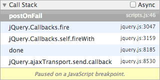 Gmail के मॉक उदाहरण में सेट किया गया ब्रेकपॉइंट, जिसमें एक साथ काम न करने वाली कॉल स्टैक नहीं है.