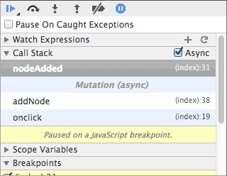 Punto di interruzione impostato nell&#39;esempio di mutationObserver con stack di chiamate asincrone.