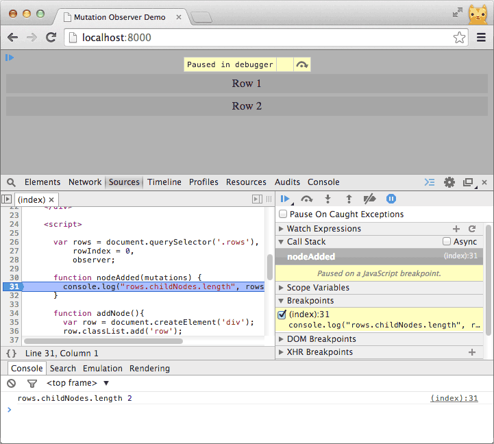 Punto di interruzione impostato nell&#39;esempio di mutationObserver senza stack di chiamate asincrone.