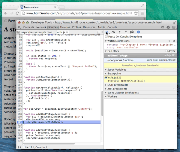 Breakpoint set in promises example with async call stacks.