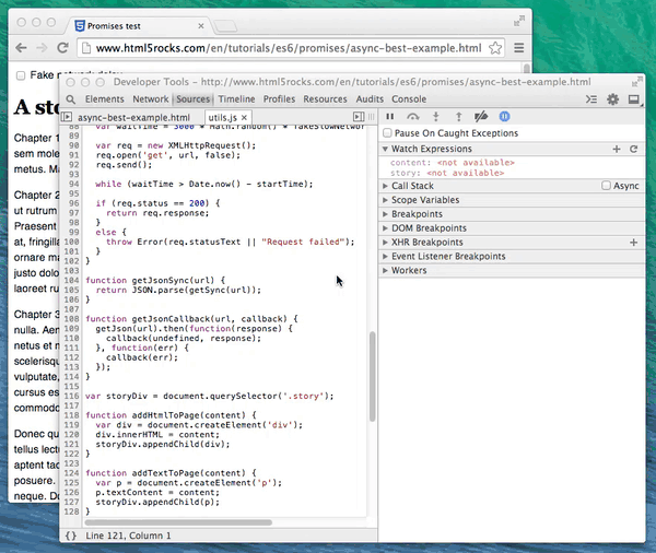 Breakpoint set in promises example without async call stacks