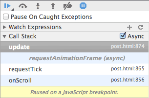 Im Beispiel für requestAnimationFrame festgelegter Haltepunkt mit asynchronen Aufrufstacks