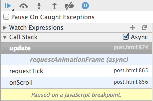 requestAnimationFrame 範例中設定的中斷點，設有非同步呼叫堆疊
