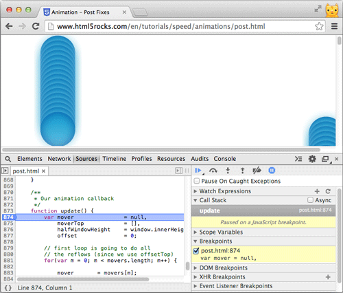 Punto di interruzione impostato nell&#39;esempio di requestAnimationFrame senza stack di chiamate asincrone.