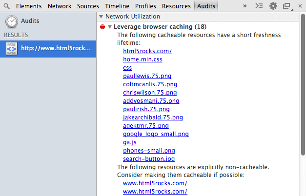 The Audits Panel gives you recommendations for performance improvements.