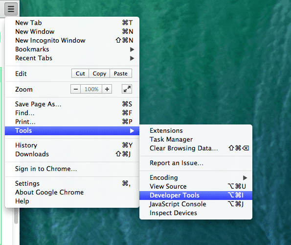 Narzędzia dla deweloperów są dostępne w menu Chrome.