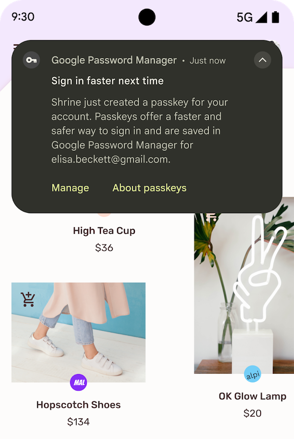 密碼金鑰自動建立確認訊息