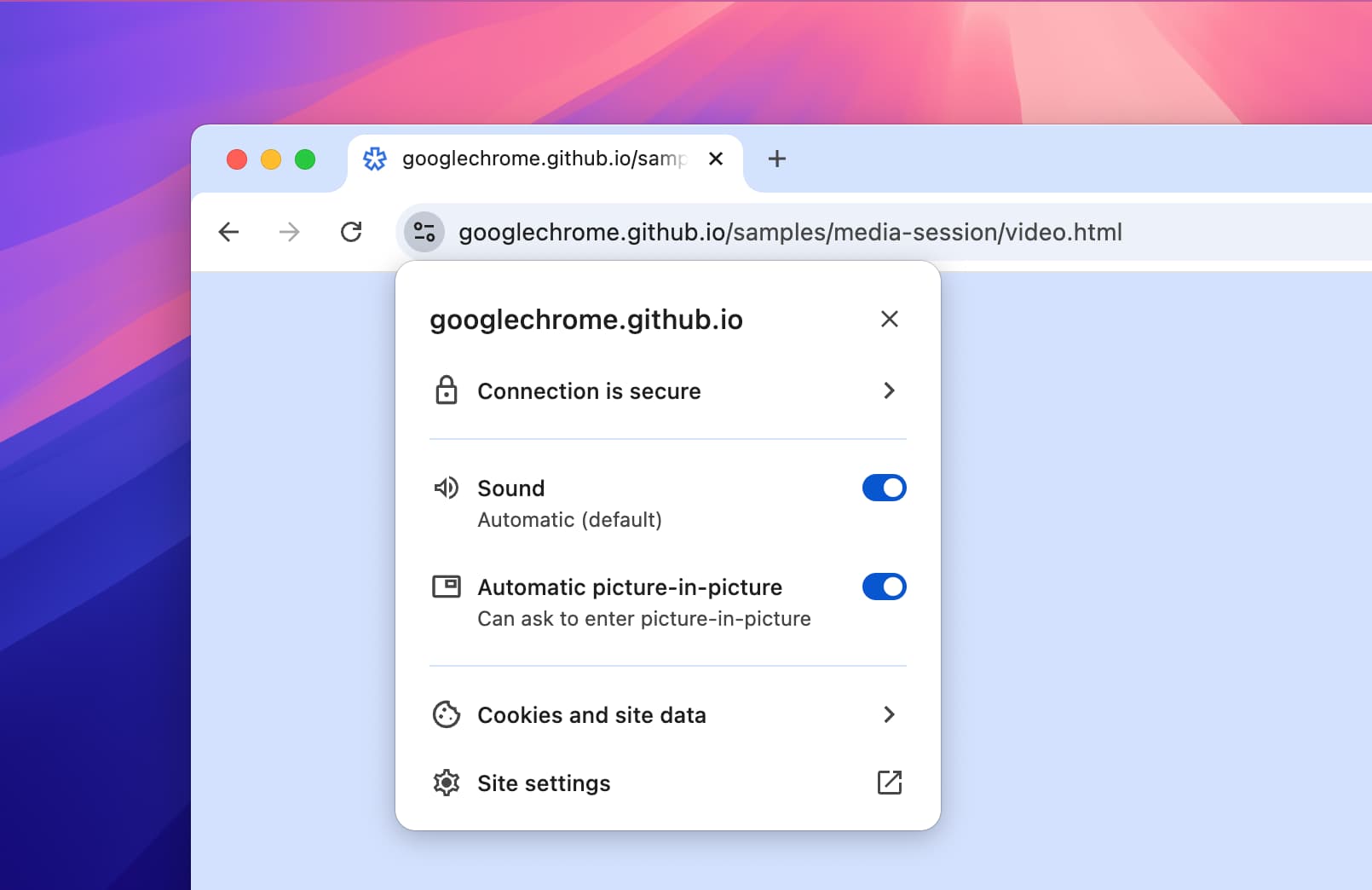 Die Einstellung für den automatischen Bild-im-Bild-Modus im Bereich „Websiteinformationen“ des Chrome-Browsers.