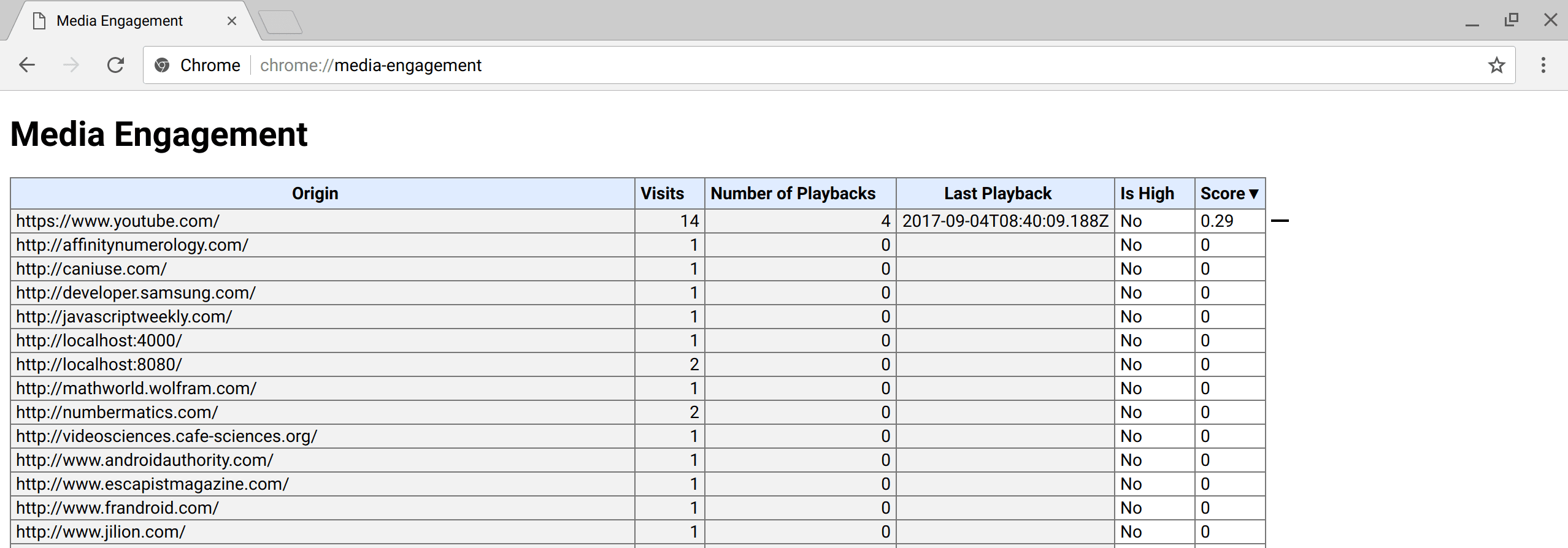 about://media-engagement 내부 페이지 스크린샷