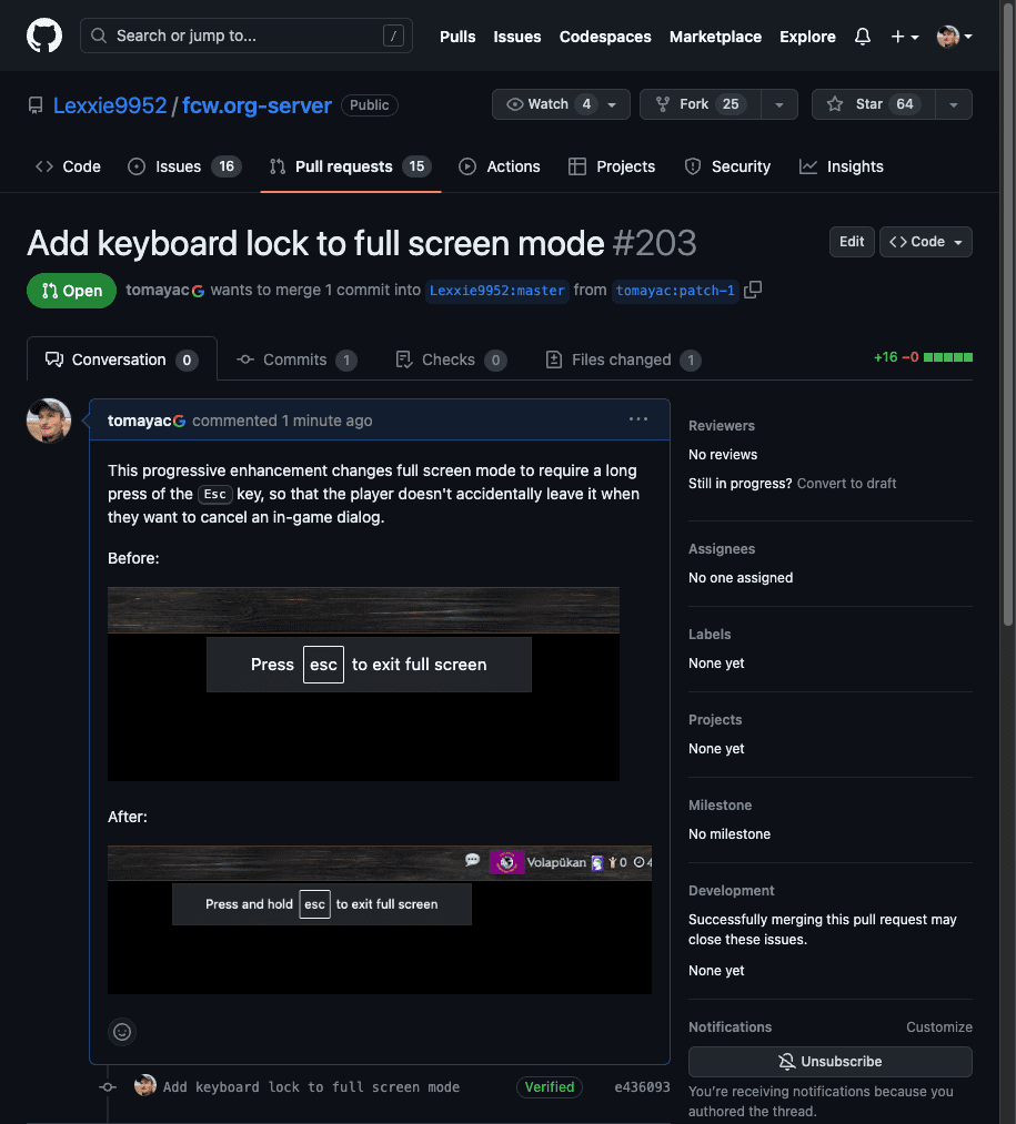 Freeciv oyununa klavye kilidi ekleyen GitHub pull isteği.