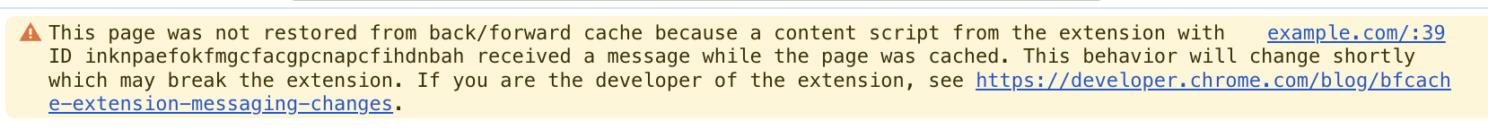 ページが BFCache から復元されない場合に表示される警告。