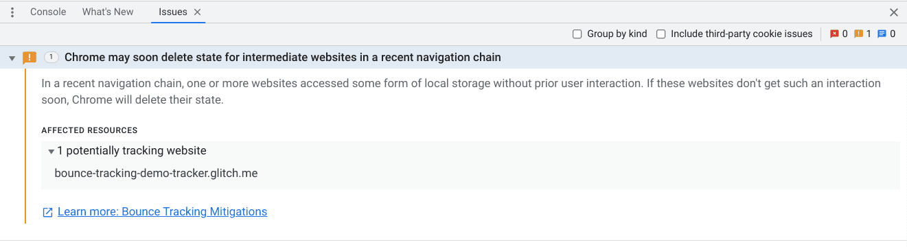 Capture d&#39;écran du problème dans les outils de développement indiquant que Bounce-tracking-demo-tracker.glitch.me risque d&#39;être supprimé