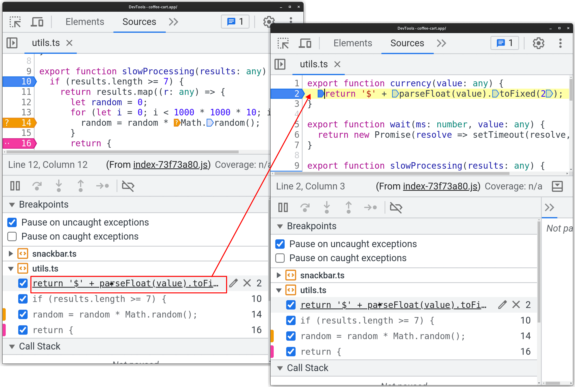 Accédez à l&#39;emplacement du code source dans l&#39;éditeur de code.