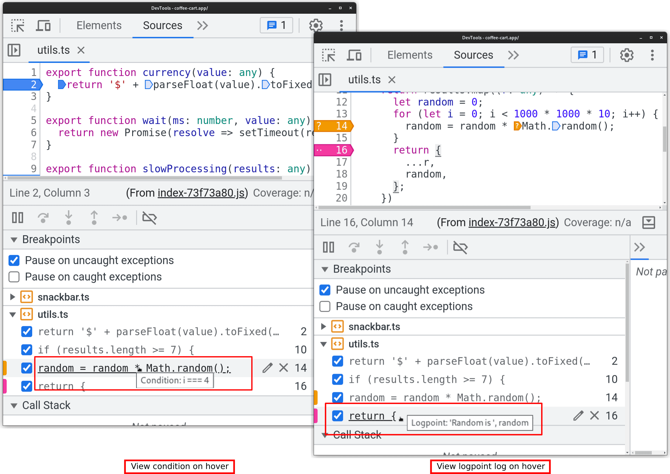 条件ログまたはログポイント ログを表示する。