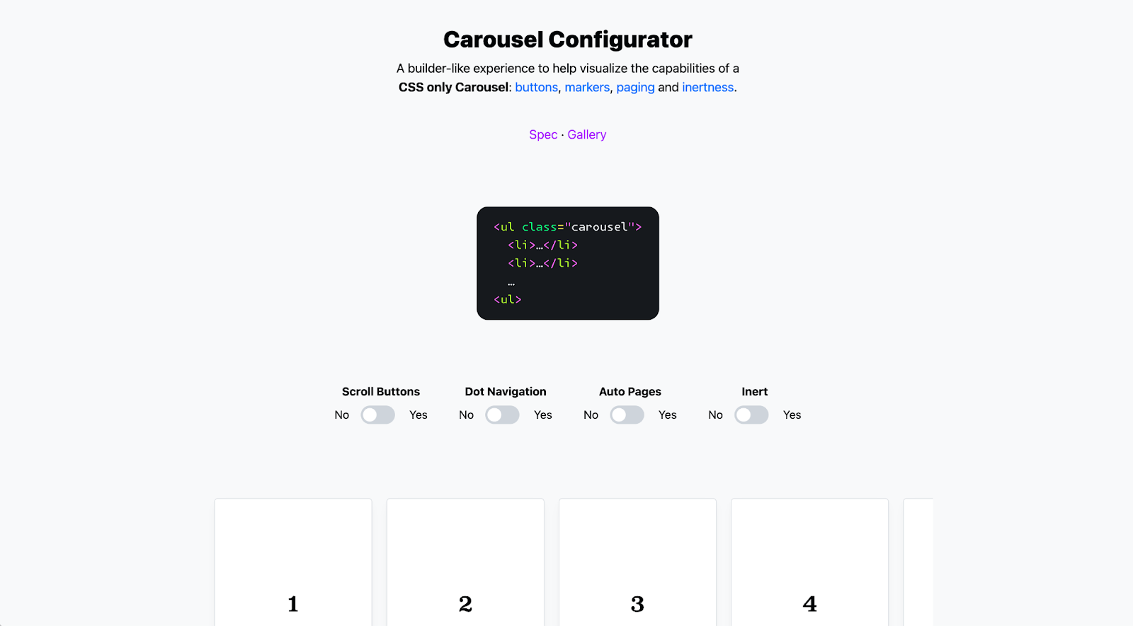 A screenshot of the configurator website which shows an HTML code snippet of a simple list. Under the HTML are 4 switches: scroll buttons, dot navigation, auto pages and inert. Under the switches is a list of cards, ready to have any of the switch offerings added.