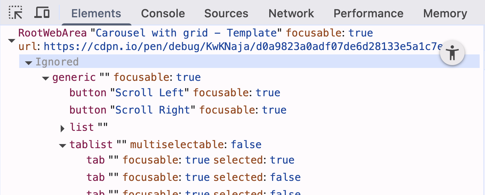 The elements of a carousel are shown as an accessibility tree view, where the buttons and tab elements are clearly indicated to give a preview of what a screen reader will see in the carousel.