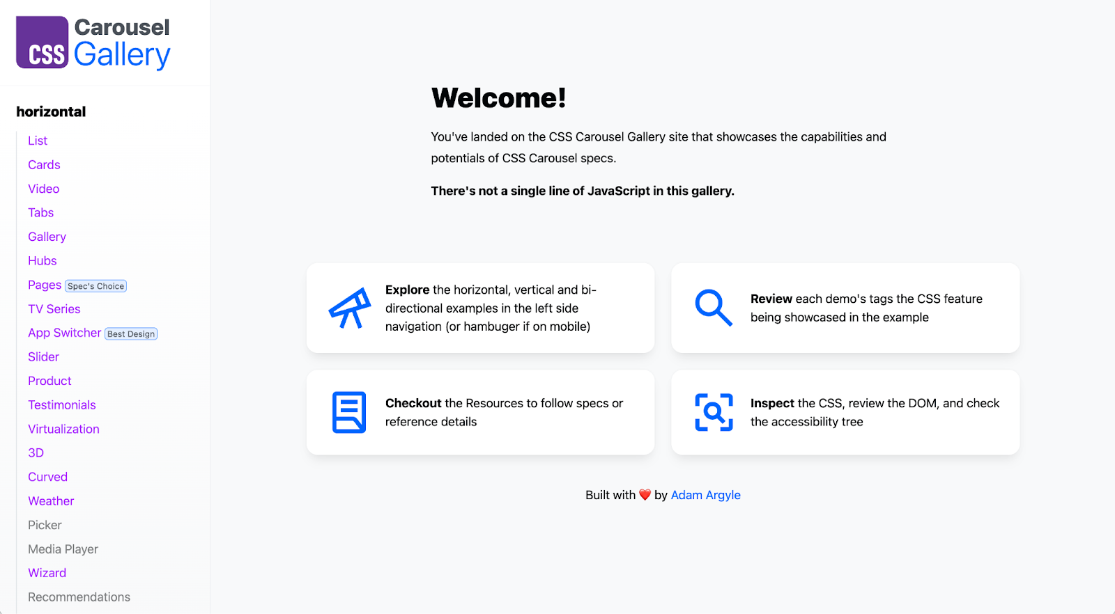 ภาพหน้าจอของหน้า Landing Page สำหรับแกลเลอรีภาพสไลด์ มีส่วนหัวต้อนรับ ข้อมูลบางอย่างเกี่ยวกับเว็บไซต์ และรายการตัวอย่างภาพสไลด์เป็นลิงก์