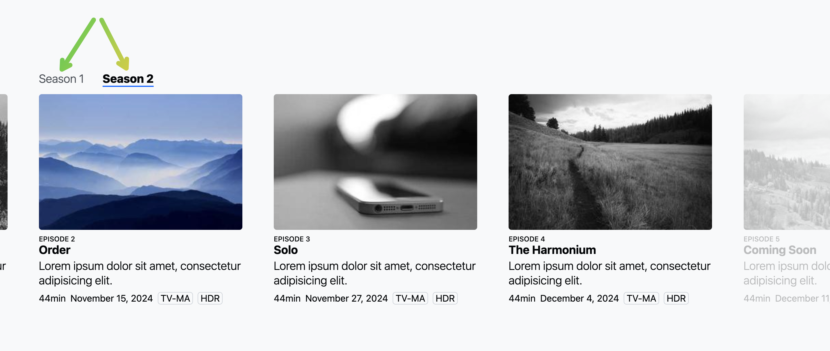 Viene visualizzato un elenco orizzontale di puntate della serie TV, a partire dalla puntata 1 della stagione 2. Sopra ci sono due titoli di elenchi, Stagione 1 e Stagione 2, ognuno con frecce che puntano verso di loro per indicare che si tratta dei marcatori di scorrimento generati.