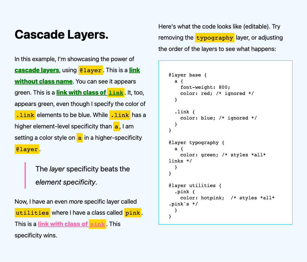 Demonstração de como mostrar cores de links com importações