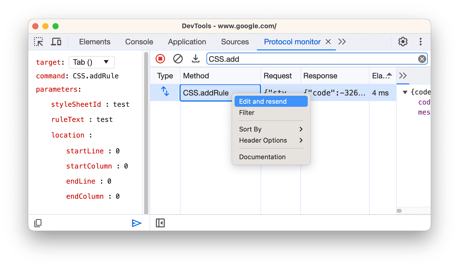 Das Drop-down-Menü eines Befehls im Datenraster mit der Option „Edit and resend“ (Bearbeiten und noch einmal senden).