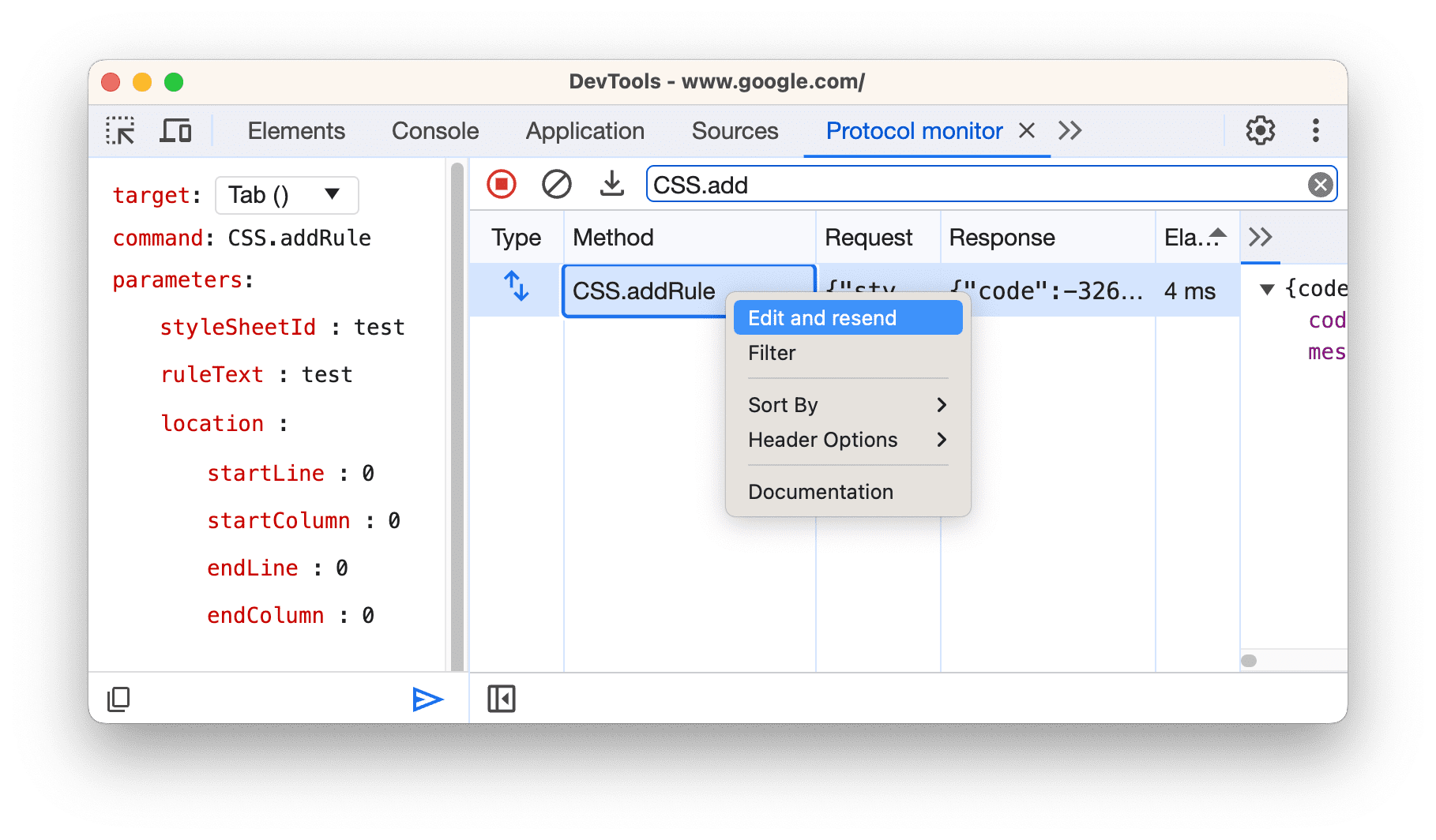 datagrid 中某个命令的下拉菜单，其中包含“Edit and resend”选项。