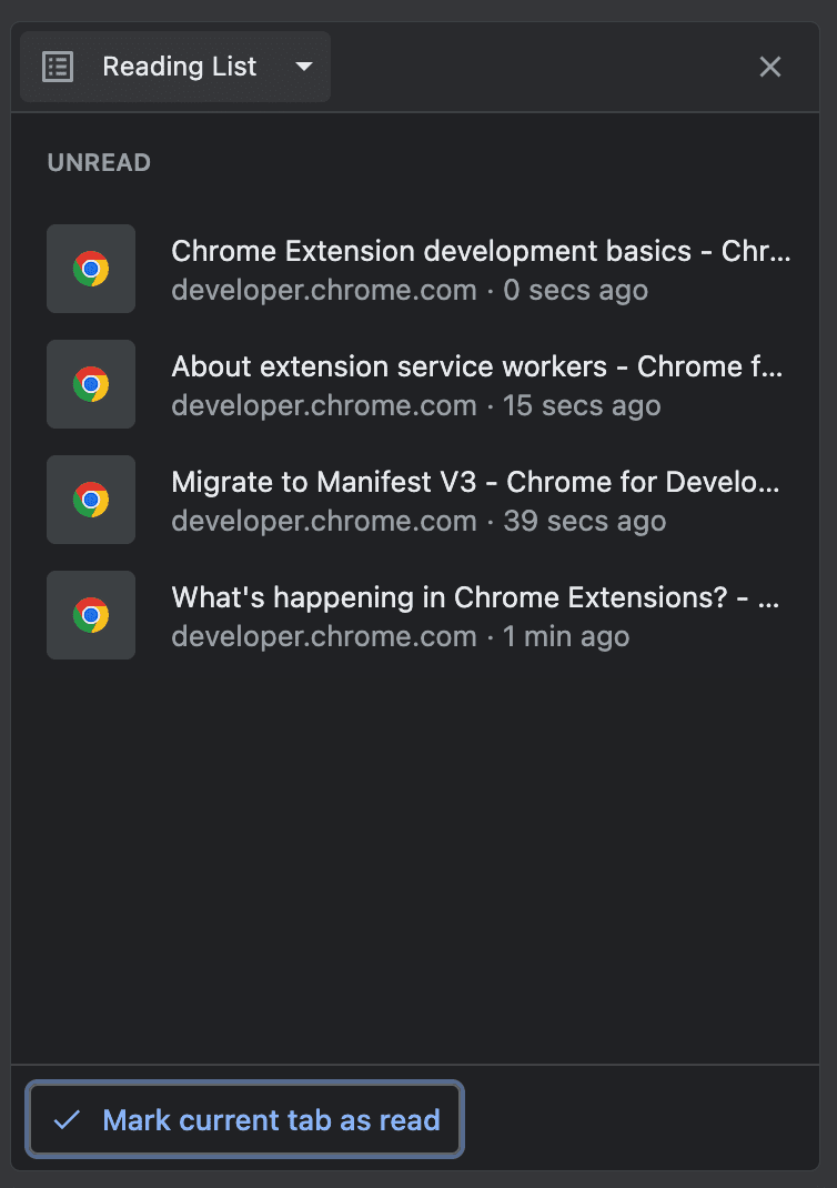 Chrome&#39;un okuma listesinde uzantı doküman sayfaları gösteriliyor.