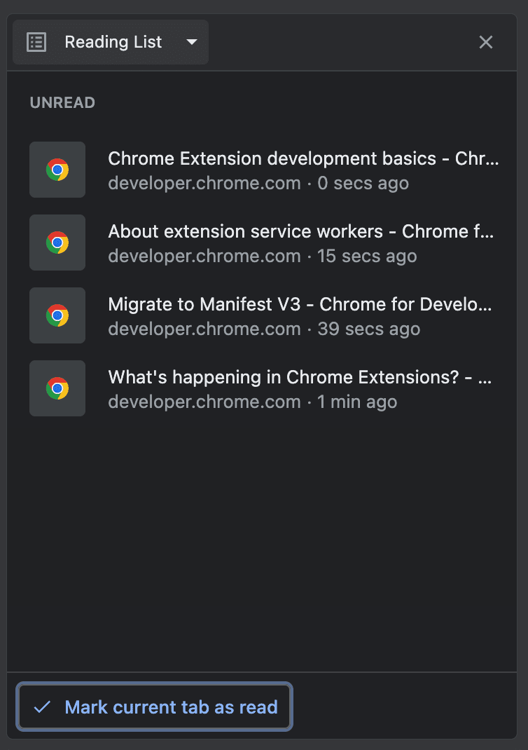 רשימת הקריאה של Chrome שבה מוצגים דפי מסמכי תוספים.