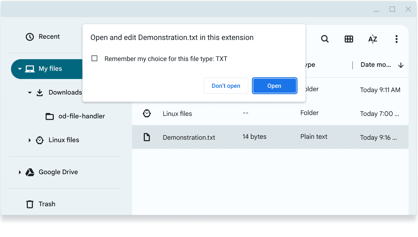 ChromeOS 上打开文件并显示扩展程序对话框的屏幕截图