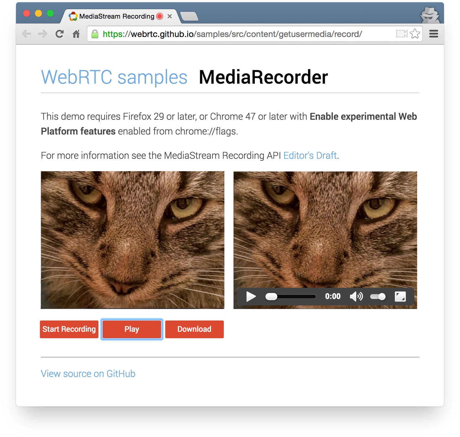 Captura de pantalla de la demostración de MediaRecorder en el repositorio de muestras de GitHub de WebRTC