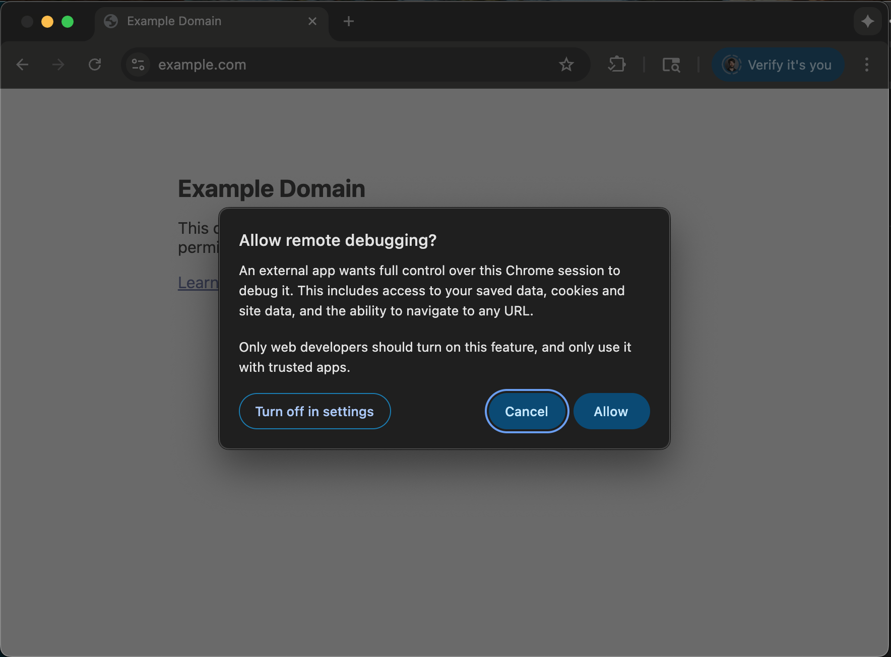 Dialog Chrome yang meminta pengguna untuk mengaktifkan sesi proses debug jarak jauh.