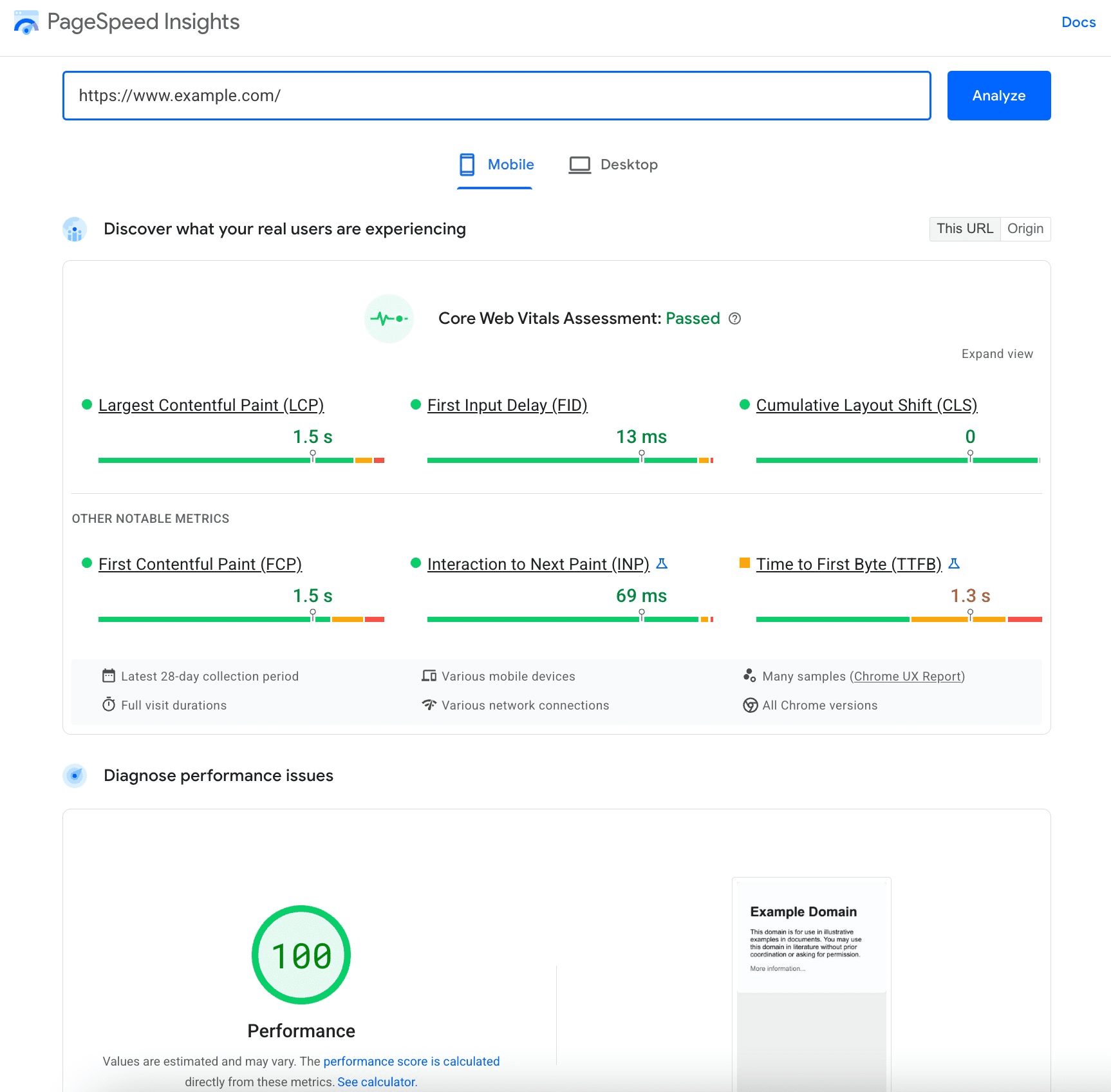 Datos de campo de CrUX en PageSpeed Insights